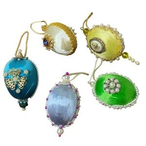Vintage Satin Easter Egg Ornaments 5 Faux Pearl Beaded Push PinMCM